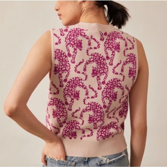 Anthropologie Maeve Vera Cheetah Jacquard Sweater Vest Pink Leopard XL X-LARGE - Picture 3 of 9